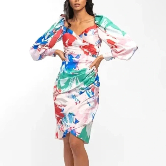 Mandira Wirk Multi Color Satin Printed Draped Dress - Picture 1 of 13